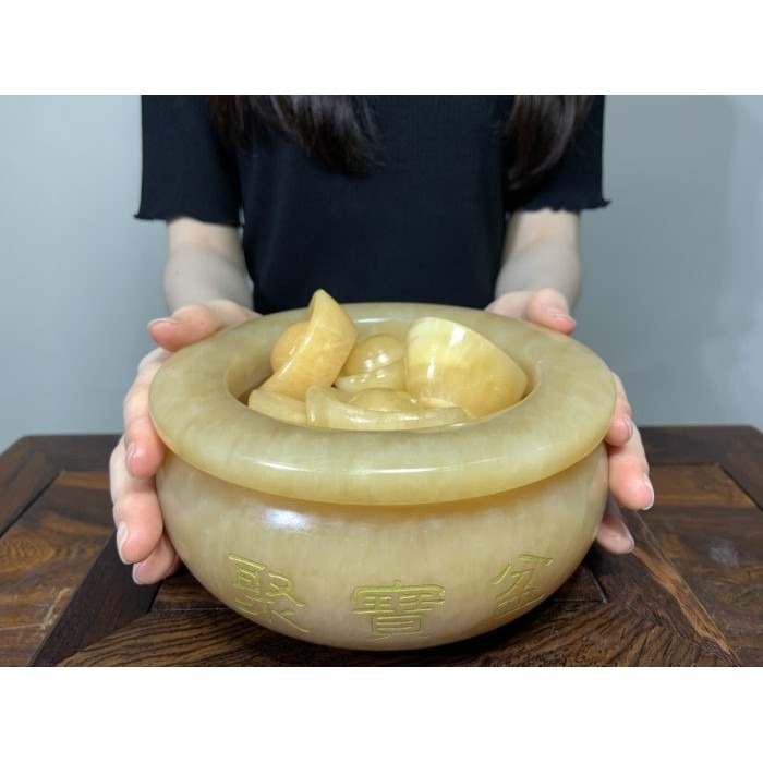 【合雅藝品】黃玉聚寶盆 聚財 聚寶盆 風水 招財 開運 女媧 白玉 黃玉【台中 藝品 零售 批發 】-細節圖4
