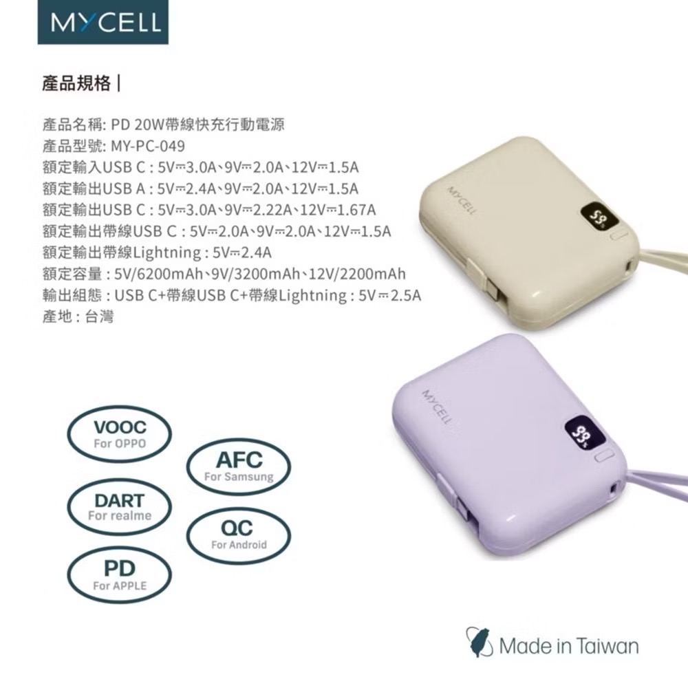 🎁台灣製造【MYCELL】mini Air 20W PD 10000mAh 帶線行動電源行充 隨身行動充數顯迷你充-細節圖4