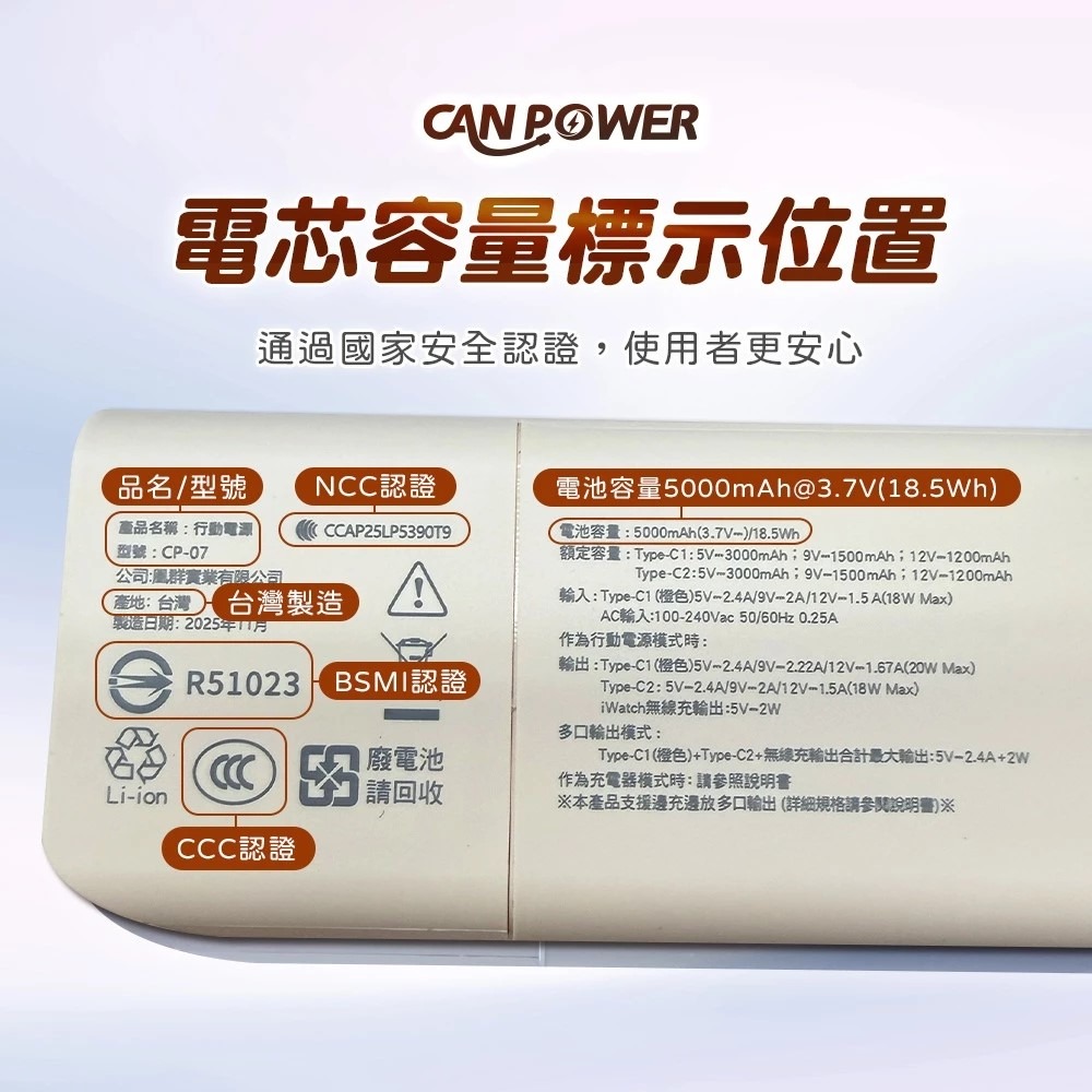CANPOWER多功能防爆固態5000mAh行動電源CP-07 AC插頭充電器氮化鎵 Wh CCC國外中國境內可直接上機-細節圖9