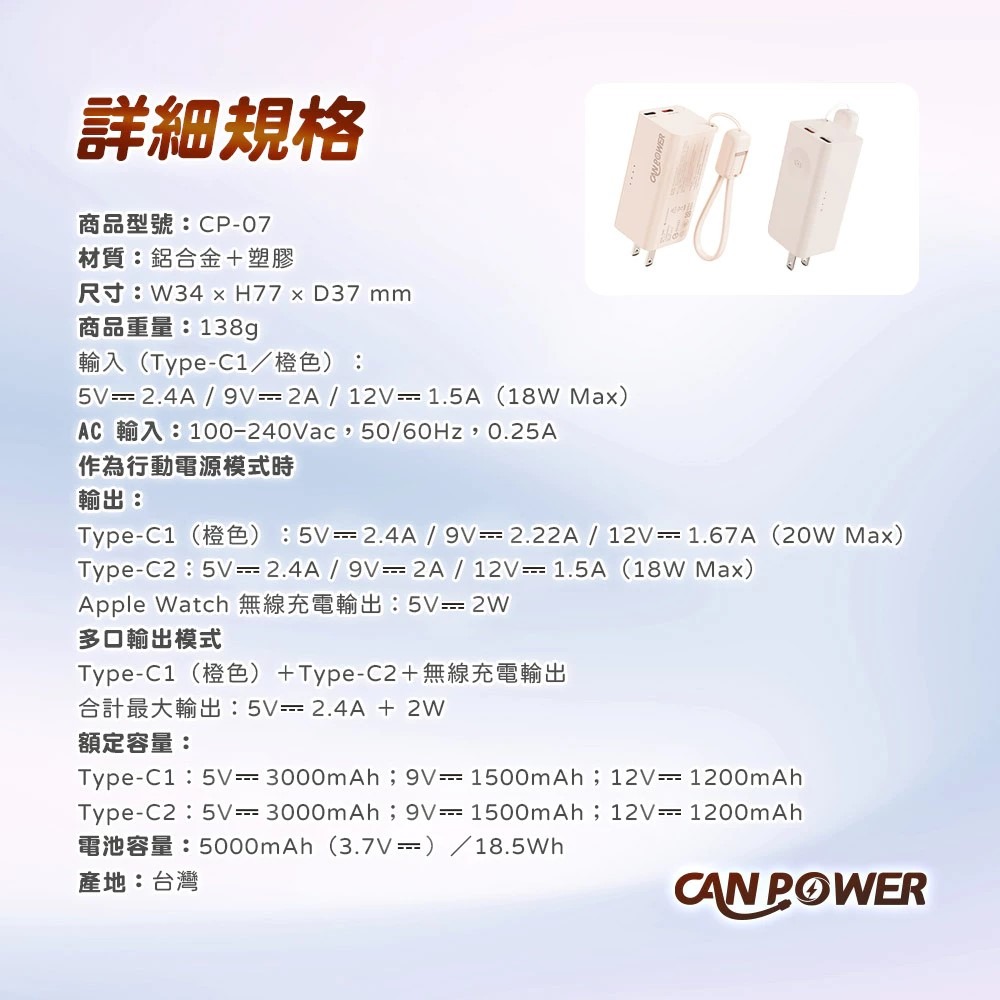 CANPOWER多功能防爆固態5000mAh行動電源CP-07 AC插頭充電器氮化鎵 Wh CCC國外中國境內可直接上機-細節圖10