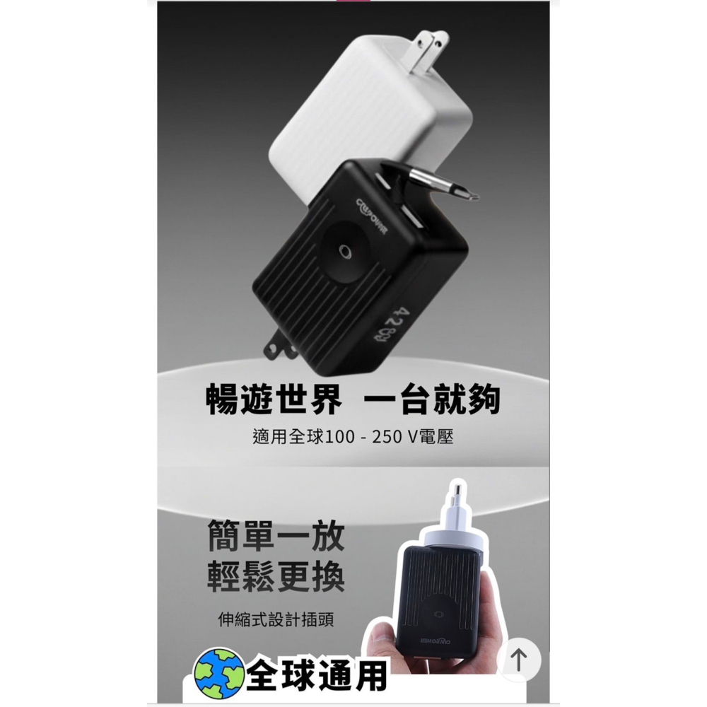 台灣製造 Canpower 自帶TYPEC伸縮線42w萬國旅行充可折角1A1C可同時充3台手機可充筆電 內贈多國轉接頭-細節圖6