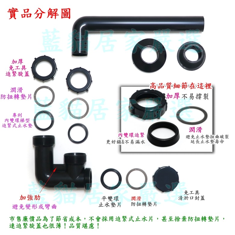 {藍貓居家嚴選} 超級組合 曜石黑 按壓式排桿  P管  排水 落水頭 臉盆排水管-細節圖4
