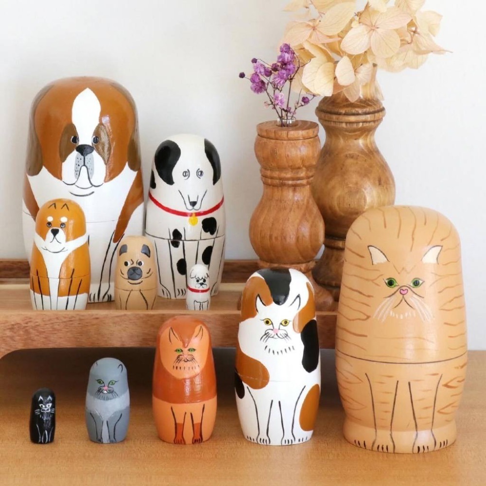 【貓現貨】日本代購Nein Marke手工木質俄羅斯娃娃 動物造型 狗派 猫派 超可愛 木製套娃 室內裝飾 雜貨 裝飾-細節圖2
