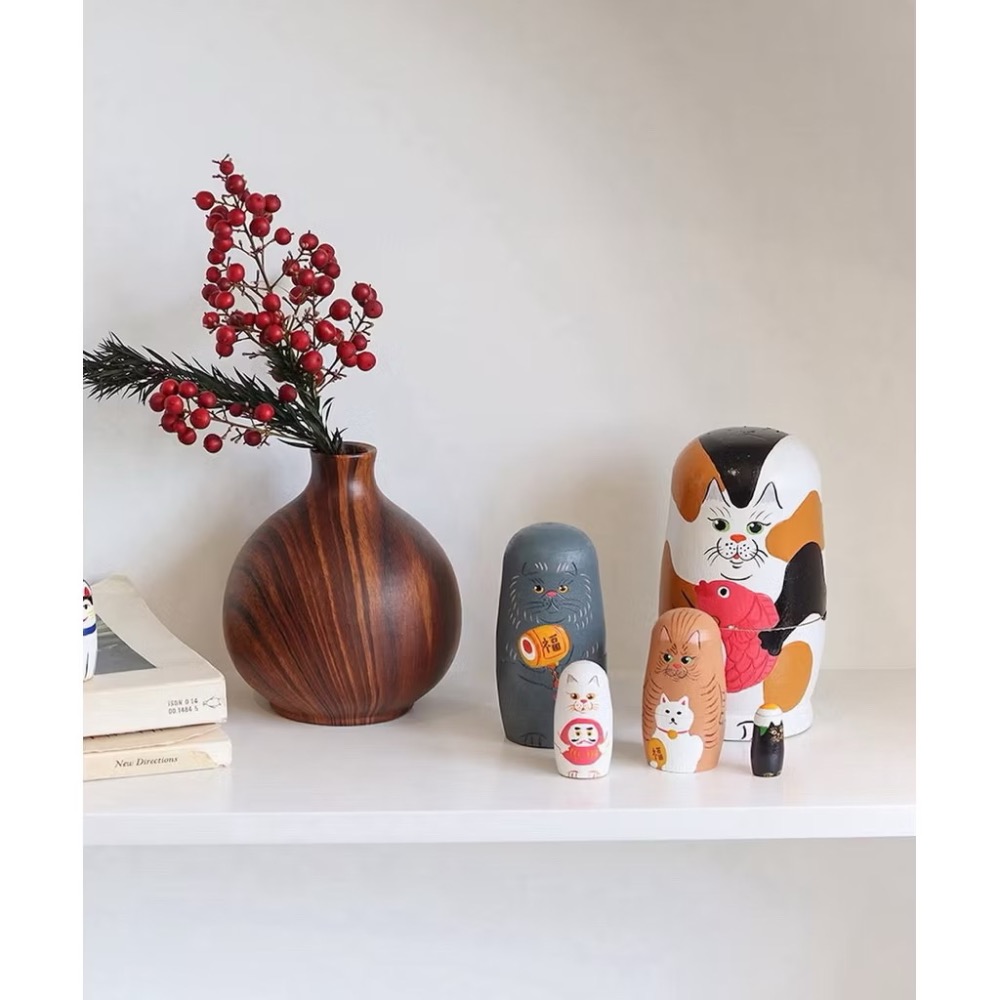 【預購】日本代購 手工木質貓咪新年俄羅斯娃娃 動物造型 猫派 木製套娃 室內裝飾-細節圖2