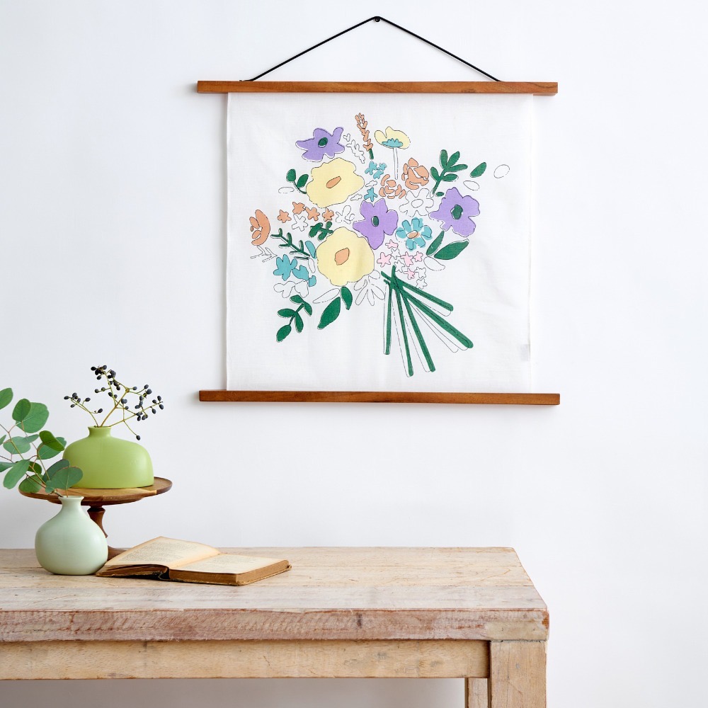 【預購】日本代購 手繪風格花束圖案手帕 可作掛毯 產地印度 100%純棉 絲網印刷 室內裝飾-細節圖3