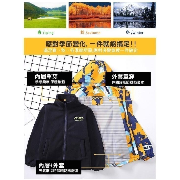 兒童防風加絨衝鋒外套 兩件式可拆卸外套 連帽外套 保暖外套 兒童外套 戶外防風外套-細節圖4