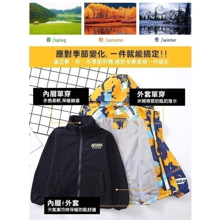 兒童防風加絨衝鋒外套 兩件式可拆卸外套 連帽外套 保暖外套 兒童外套 戶外防風外套-細節圖4