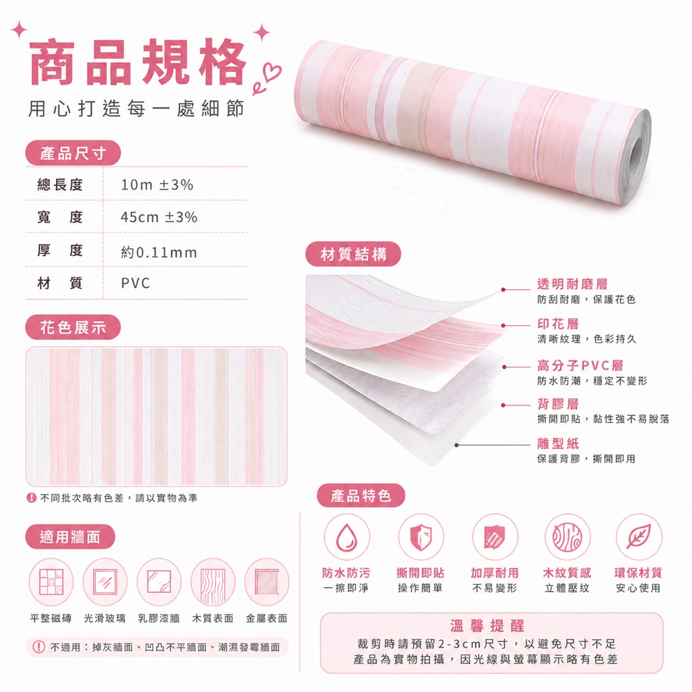 木紋壁貼 粉條紋貼 防水壁貼 壁貼 壁紙 牆壁貼 壁紙自黏 自黏牆貼 自黏壁紙 DIY壁貼-細節圖7