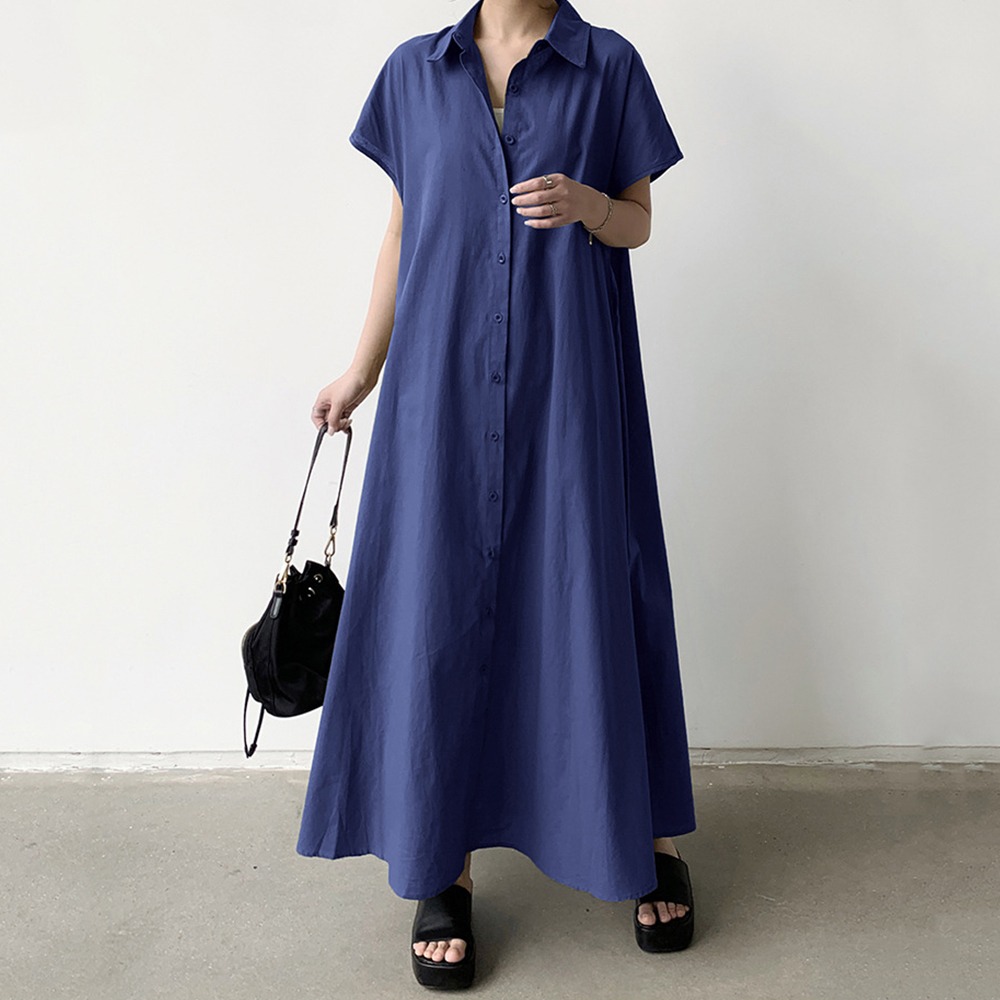 大尺碼棉麻寬鬆連衣襯衫 4色(S-2XL可選) 連衣裙 復古長裙 長洋裝 襯衫領 棉麻裙 罩衫 休閒洋裝-規格圖6