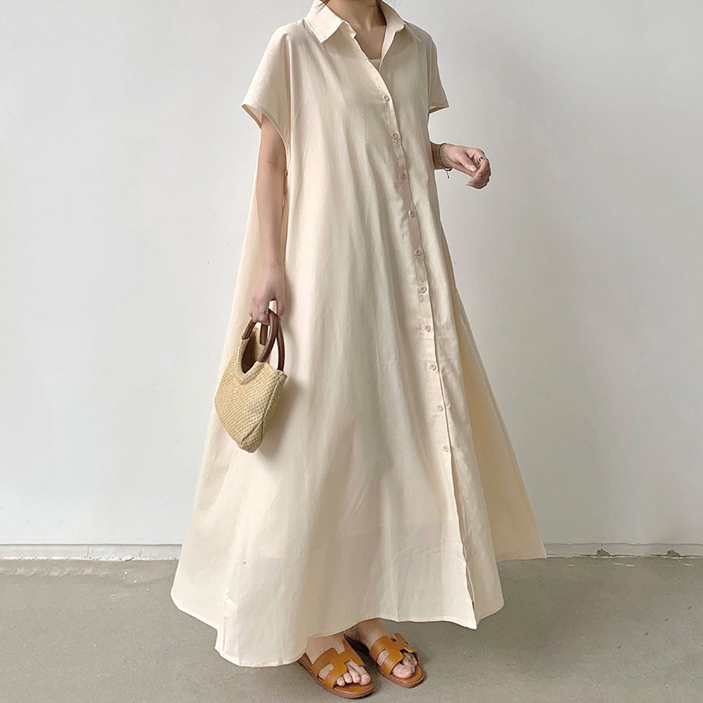 大尺碼棉麻寬鬆連衣襯衫 4色(S-2XL可選) 連衣裙 復古長裙 長洋裝 襯衫領 棉麻裙 罩衫 休閒洋裝-規格圖6