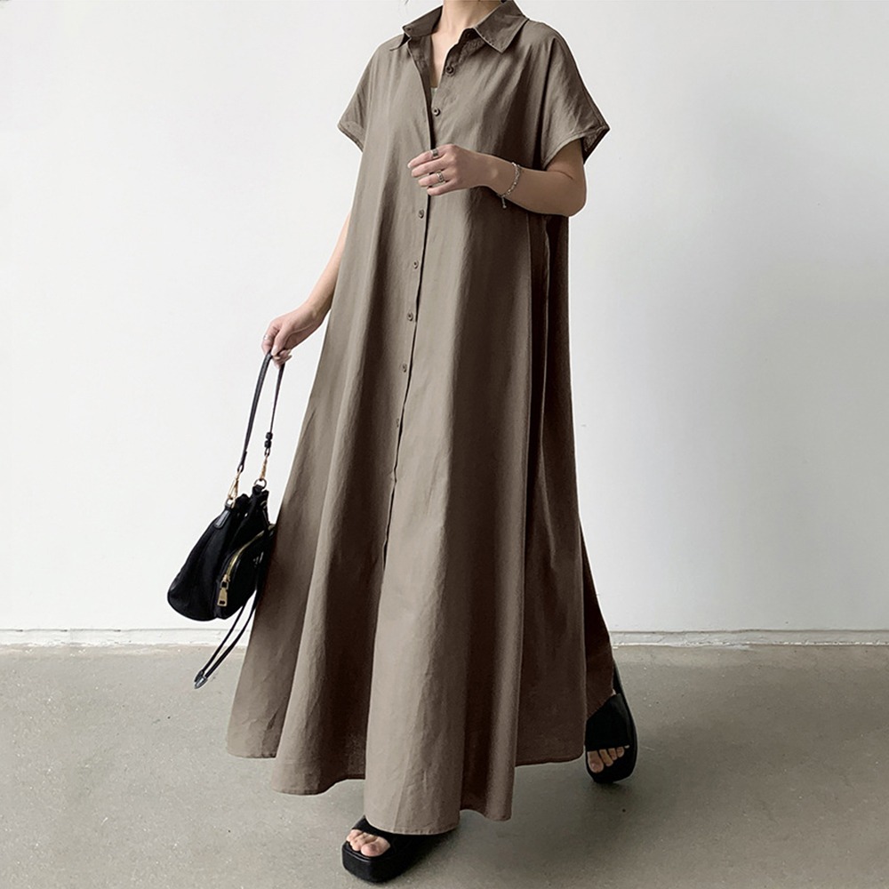 大尺碼棉麻寬鬆連衣襯衫 4色(S-2XL可選) 連衣裙 復古長裙 長洋裝 襯衫領 棉麻裙 罩衫 休閒洋裝-規格圖6