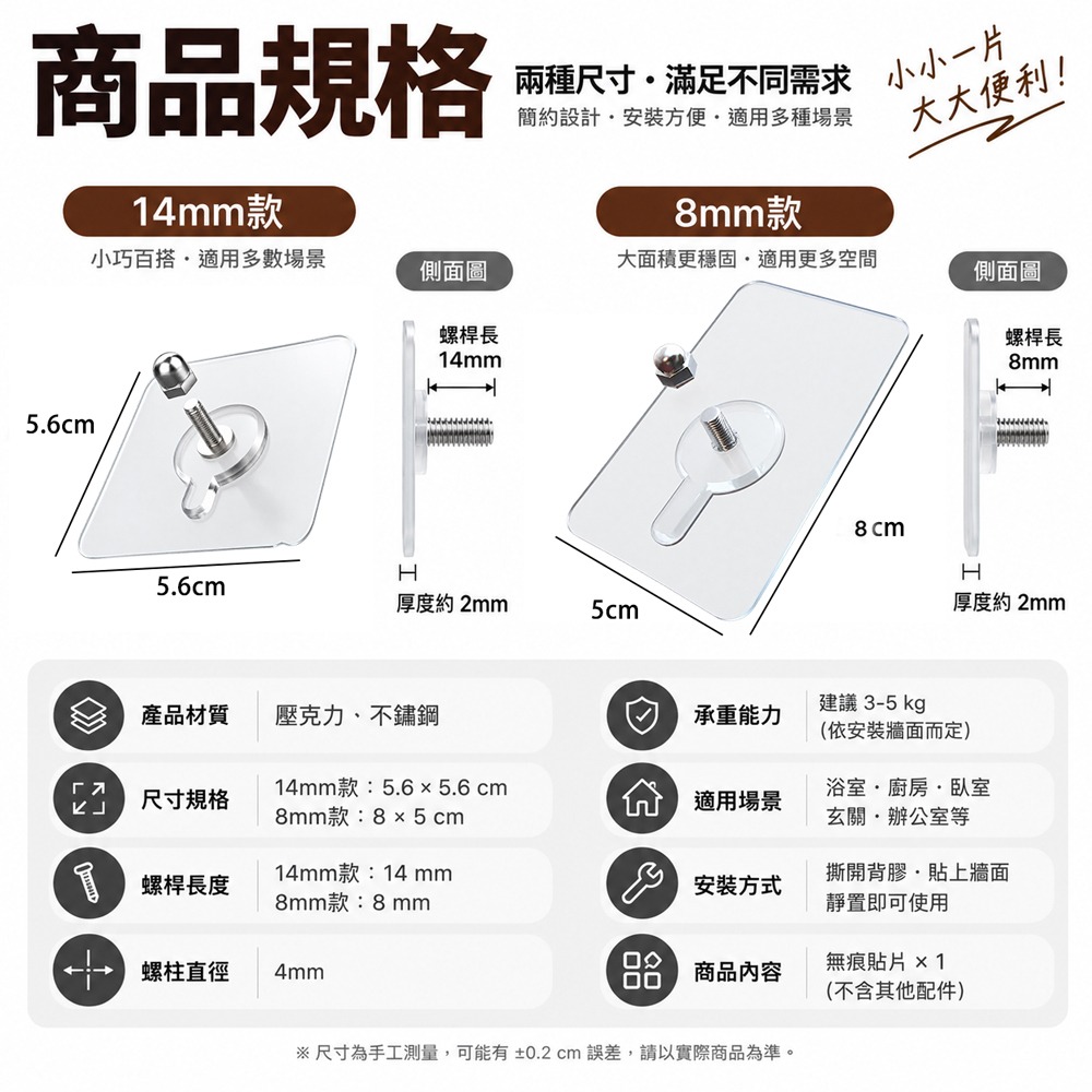 無痕螺絲貼片 8mm 14mm 螺絲貼片 掛勾 無痕掛勾 透明掛勾 掛鈎 牆壁掛鉤 壁掛固定 強力掛勾 免釘掛勾-細節圖9