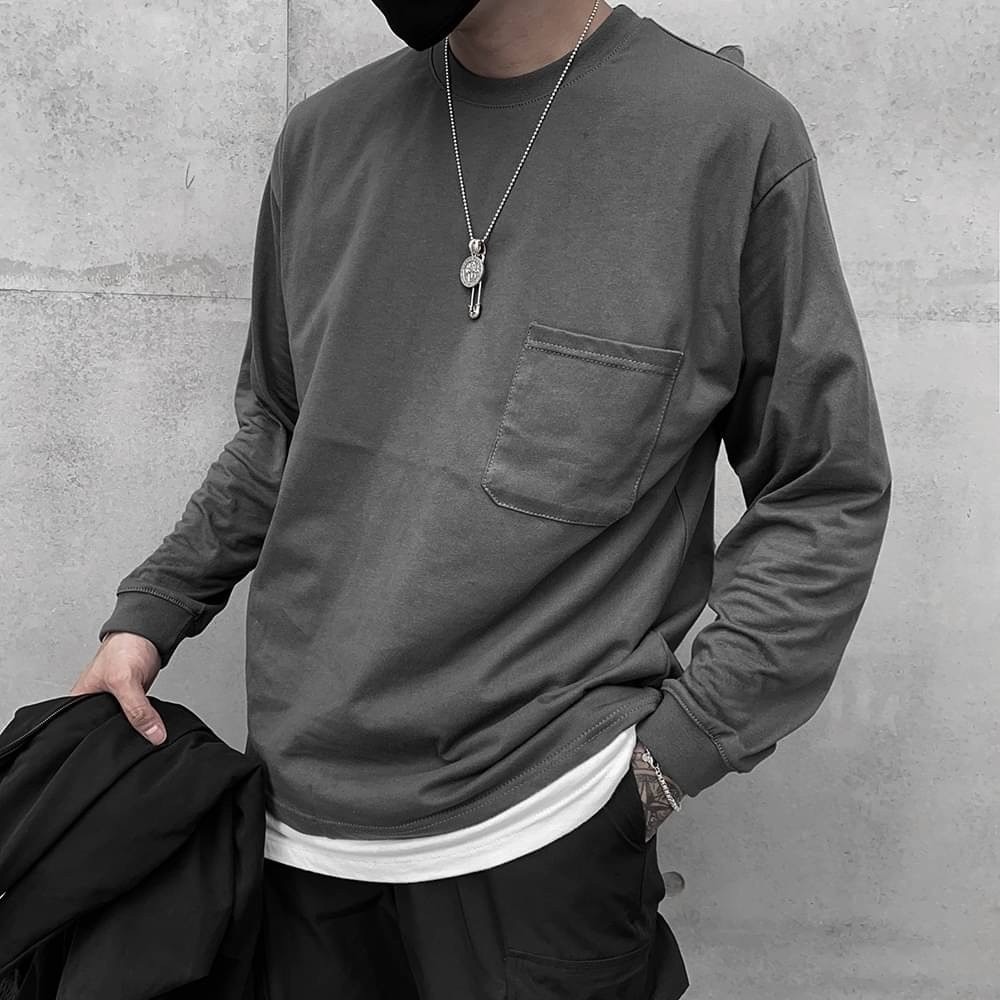 🔥現貨 韓國 純棉 復古 水洗 口袋 長T  羅紋袖 長袖T桖 寬鬆 落肩 OVERSIZE-細節圖4