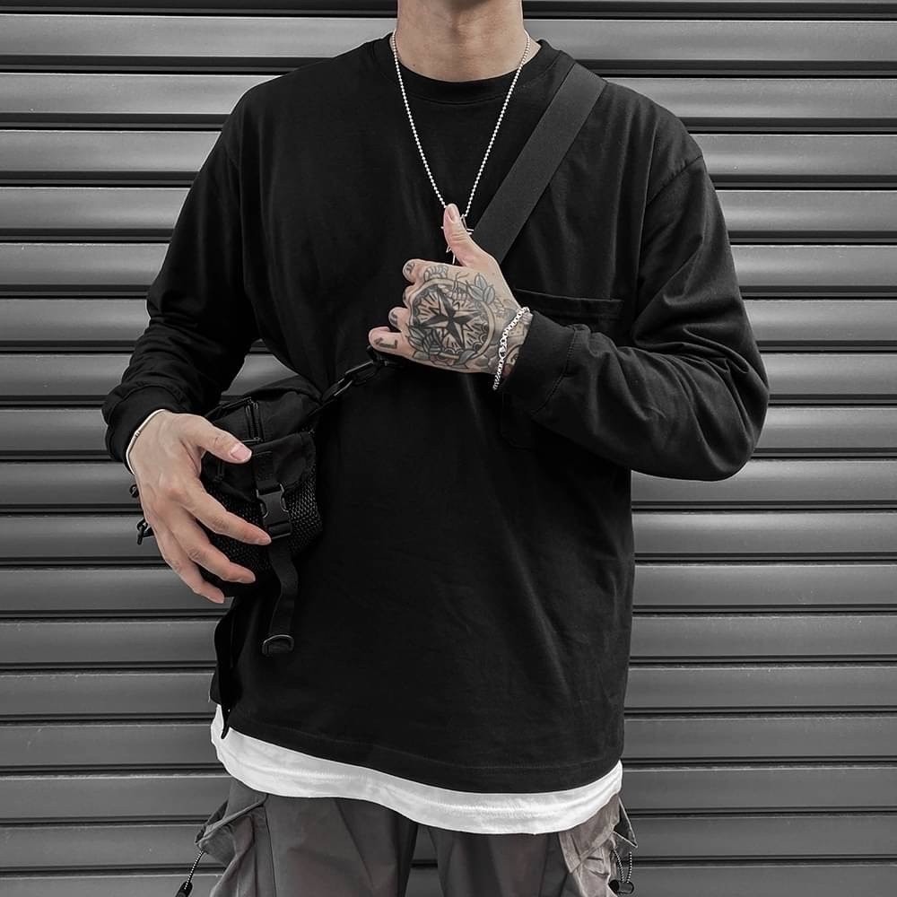 🔥現貨 韓國 純棉 復古 水洗 口袋 長T  羅紋袖 長袖T桖 寬鬆 落肩 OVERSIZE-細節圖5