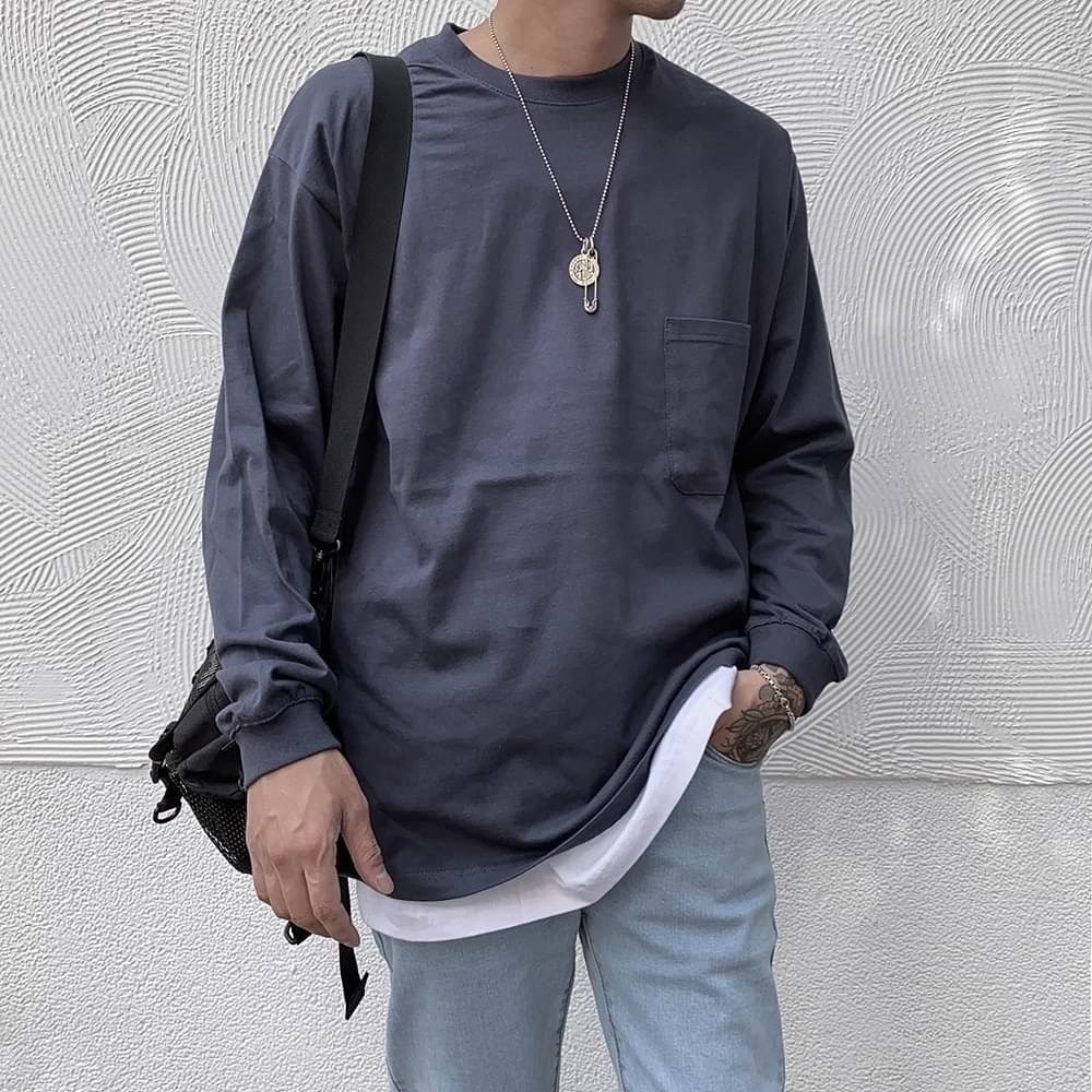 🔥現貨 韓國 純棉 復古 水洗 口袋 長T  羅紋袖 長袖T桖 寬鬆 落肩 OVERSIZE-細節圖7