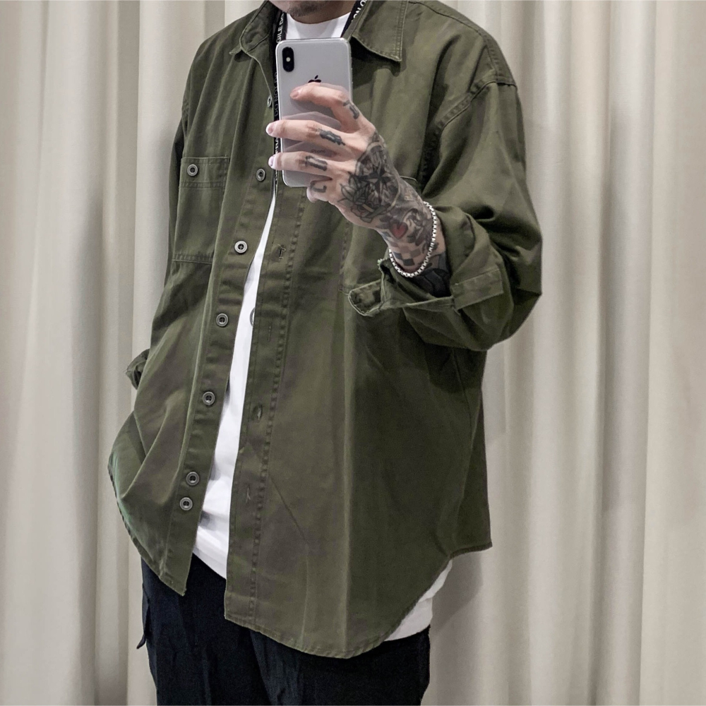 【B.Y】日系 質感 水洗 重磅 工作襯衫 工裝襯衫 長袖 襯衫 寬鬆 落肩 OVERSIZE 男生長袖襯衫-細節圖7