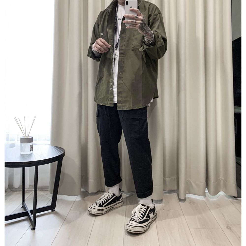 【B.Y】日系 質感 水洗 重磅 工作襯衫 工裝襯衫 長袖 襯衫 寬鬆 落肩 OVERSIZE 男生長袖襯衫-細節圖8