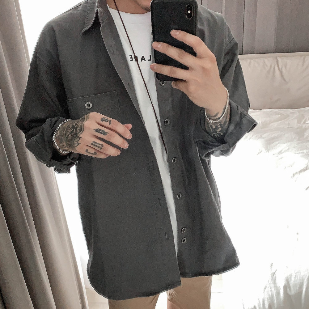 【B.Y】日系 質感 水洗 重磅 工作襯衫 工裝襯衫 長袖 襯衫 寬鬆 落肩 OVERSIZE 男生長袖襯衫-細節圖9