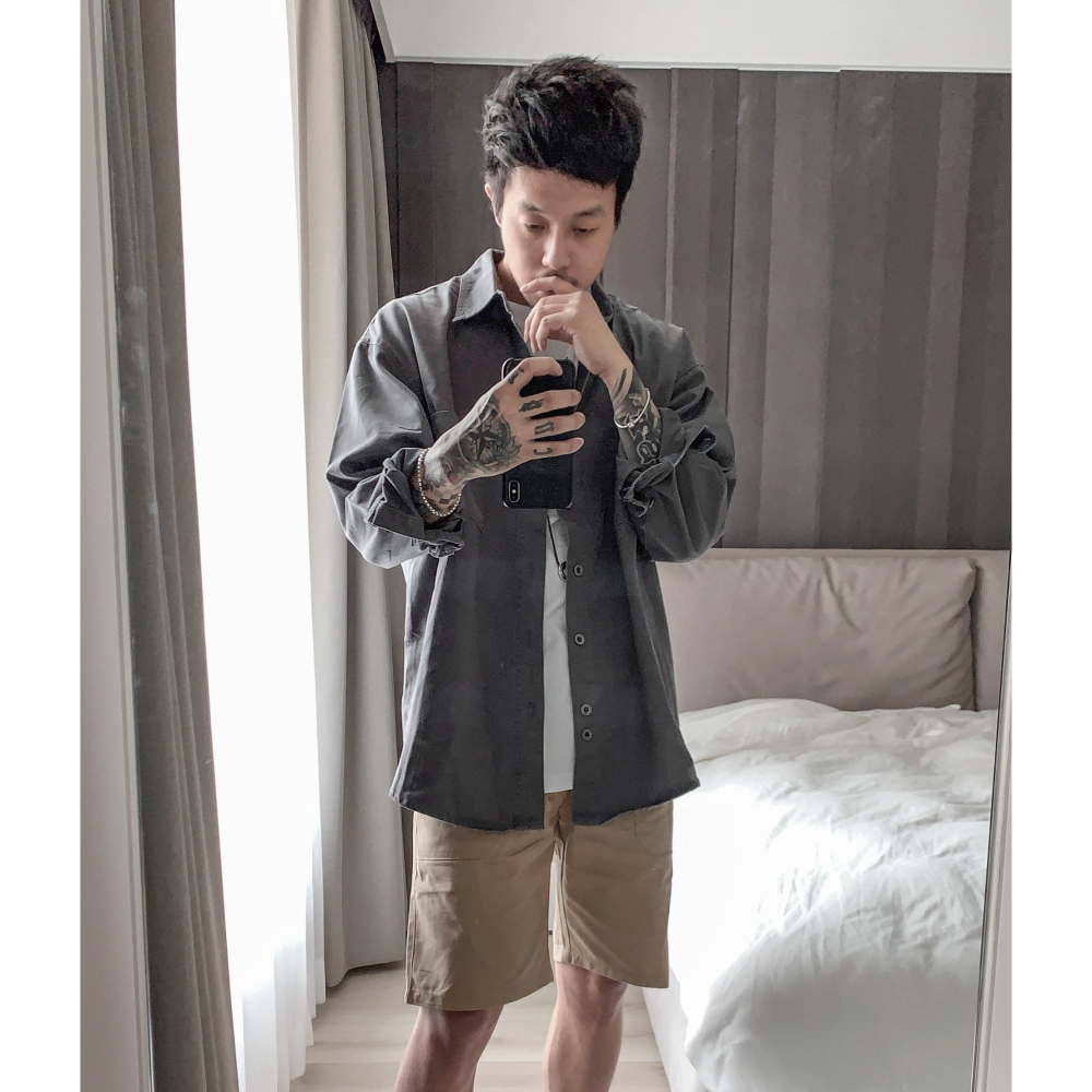 【B.Y】日系 質感 水洗 重磅 工作襯衫 工裝襯衫 長袖 襯衫 寬鬆 落肩 OVERSIZE 男生長袖襯衫-細節圖10