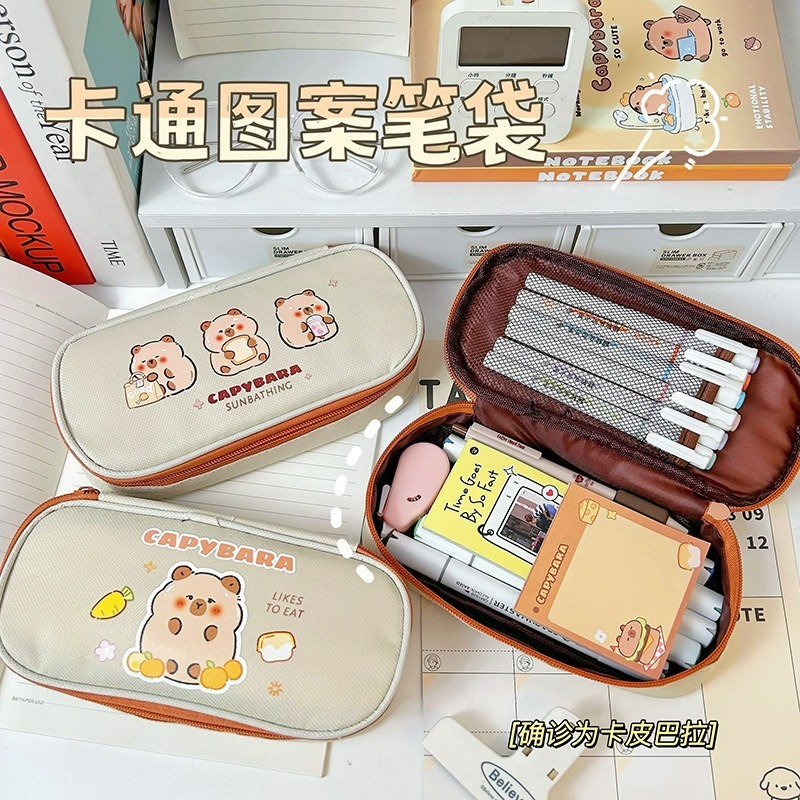 ✨eeshop✨【台灣現貨】可愛水豚君帆布筆袋 多功能文具袋 收納袋-細節圖2