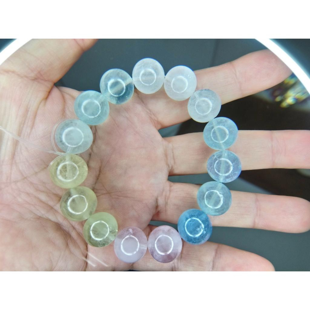 ㊣TiBi手趣㊣火行大咪數粒大磁場大串珠12-14mm+天然摩根石家族海藍海綠海粉海紫摩根石素串~手圍17-17.5CM-細節圖2