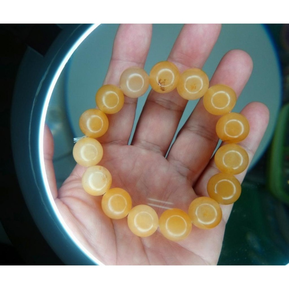 ㊣TiBi手趣㊣土行大顆粒大貢丸大磁場大串珠14mm+天然優化檸檬黃戈壁玉素串稍透手串~手圍17-17.5cm-細節圖2