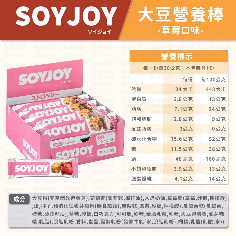 SOYJOY 大豆營養棒 營養棒 運動食品 餅乾 大豆棒 營養高糧餅乾 水果營養棒  能量補充 膳食纖維  大豆蛋白棒-規格圖2