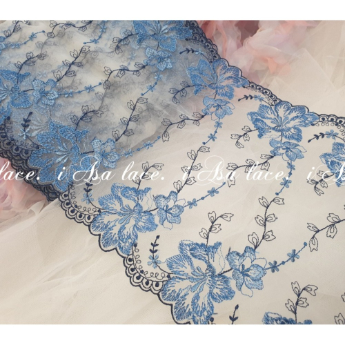 雙邊藍色青花瓷網紗刺繡蕾絲高級娃衣髮圈洋裝Lolita蝴蝶結花邊輔料