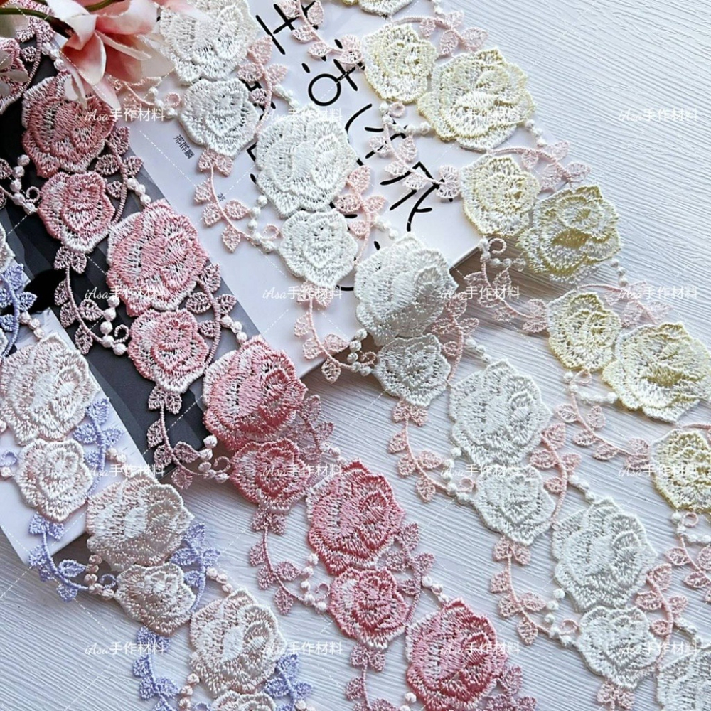 【iAsa手作材料】寬5.2cm 重工花邊輔料 漸變色月季水溶水溶花邊-細節圖2