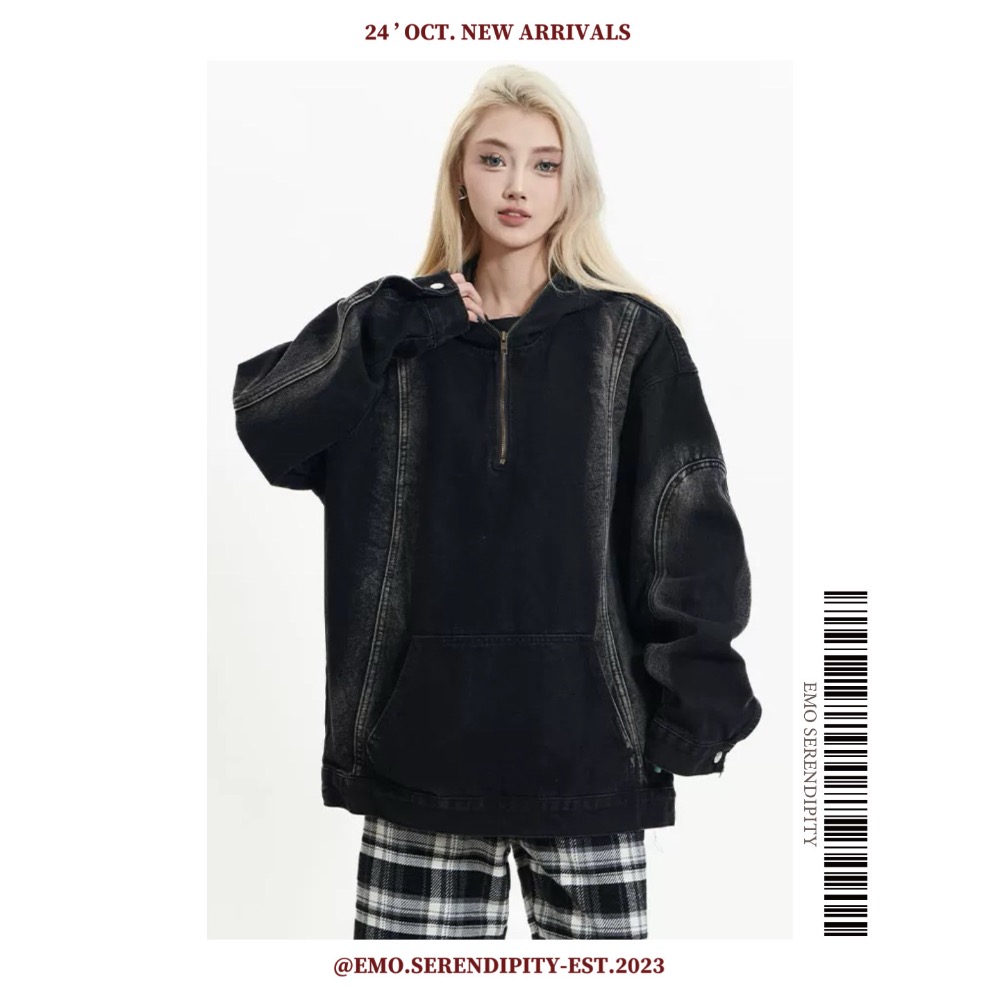 ☺︎ EMO41005-1ㅣ美式水洗做舊牛仔帽T-細節圖2