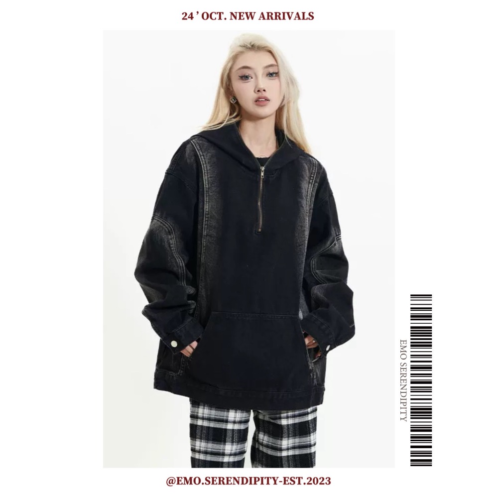 ☺︎ EMO41005-1ㅣ美式水洗做舊牛仔帽T-細節圖3