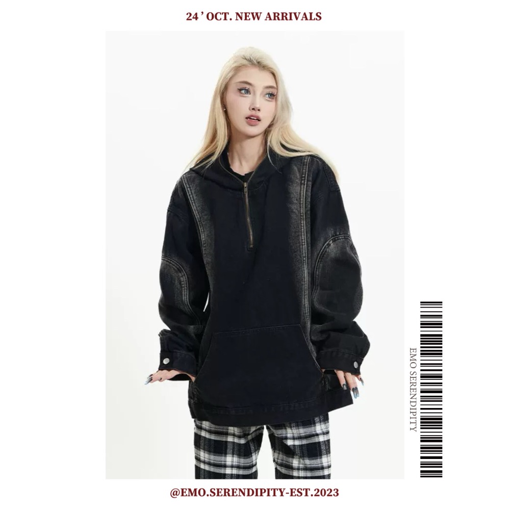 ☺︎ EMO41005-1ㅣ美式水洗做舊牛仔帽T-細節圖5