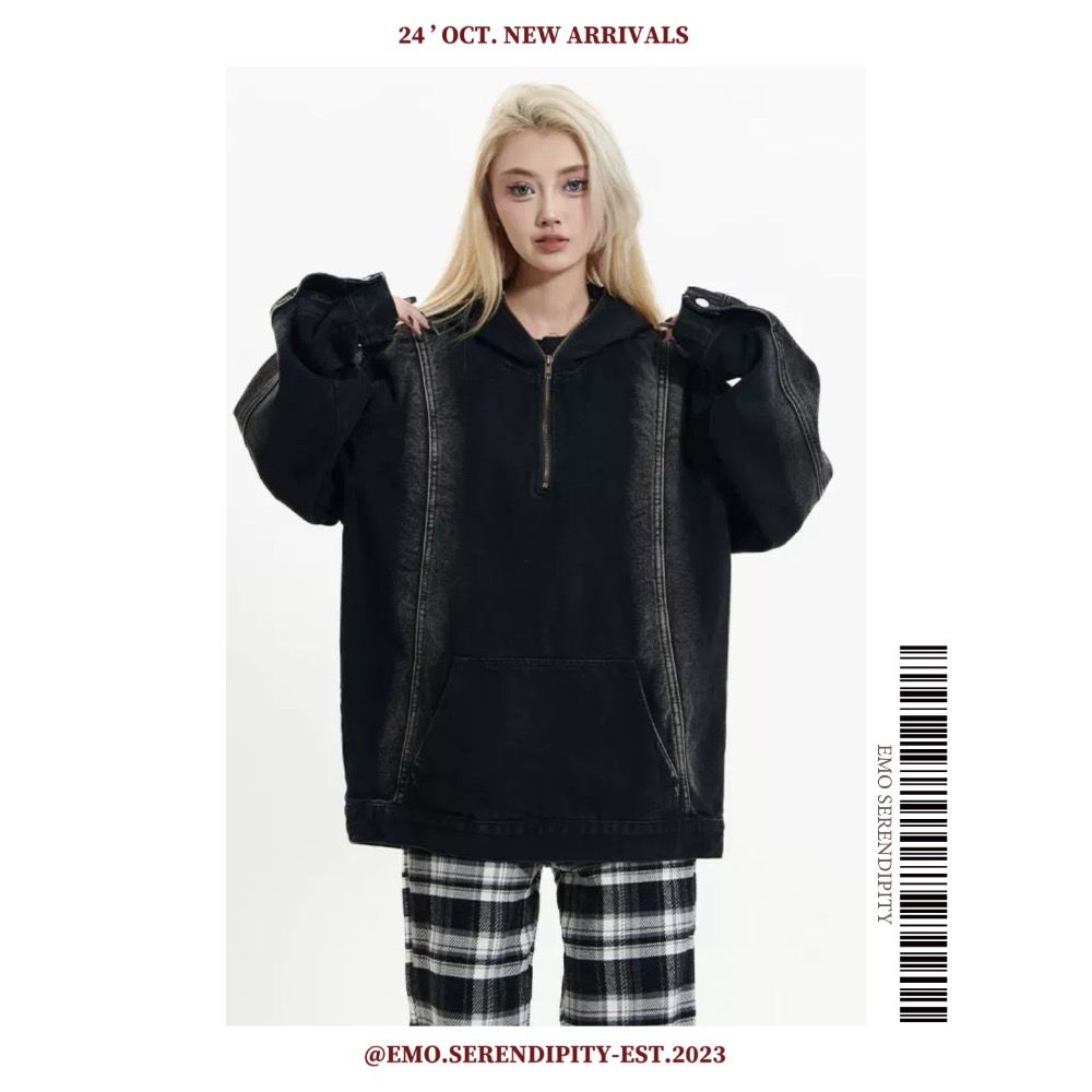 ☺︎ EMO41005-1ㅣ美式水洗做舊牛仔帽T-細節圖6