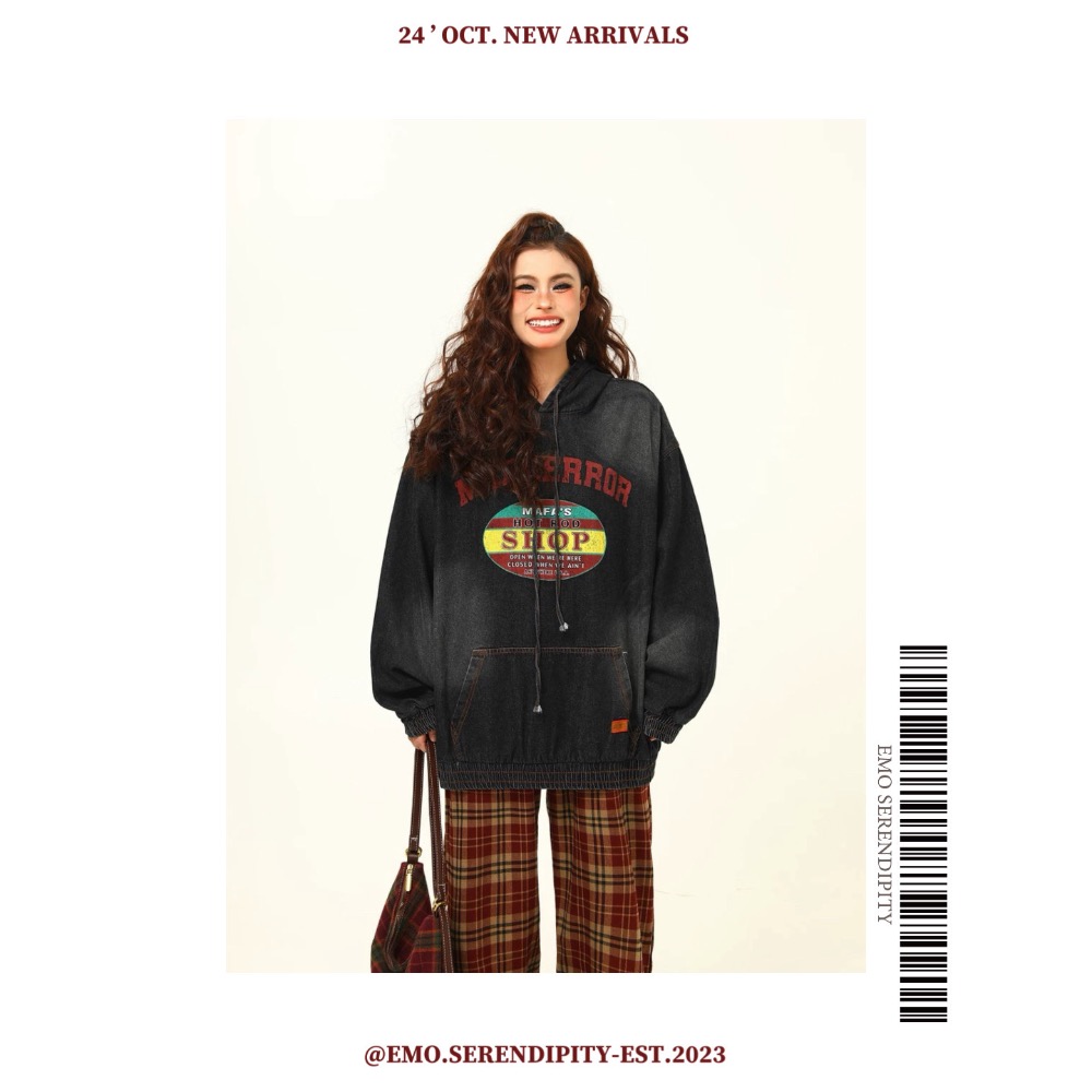 ☺︎ EMO41005-2ㅣ美式復古重磅水洗牛仔帽T-細節圖2