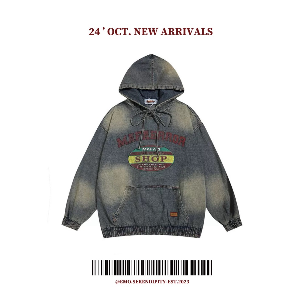 ☺︎ EMO41005-2ㅣ美式復古重磅水洗牛仔帽T-細節圖7