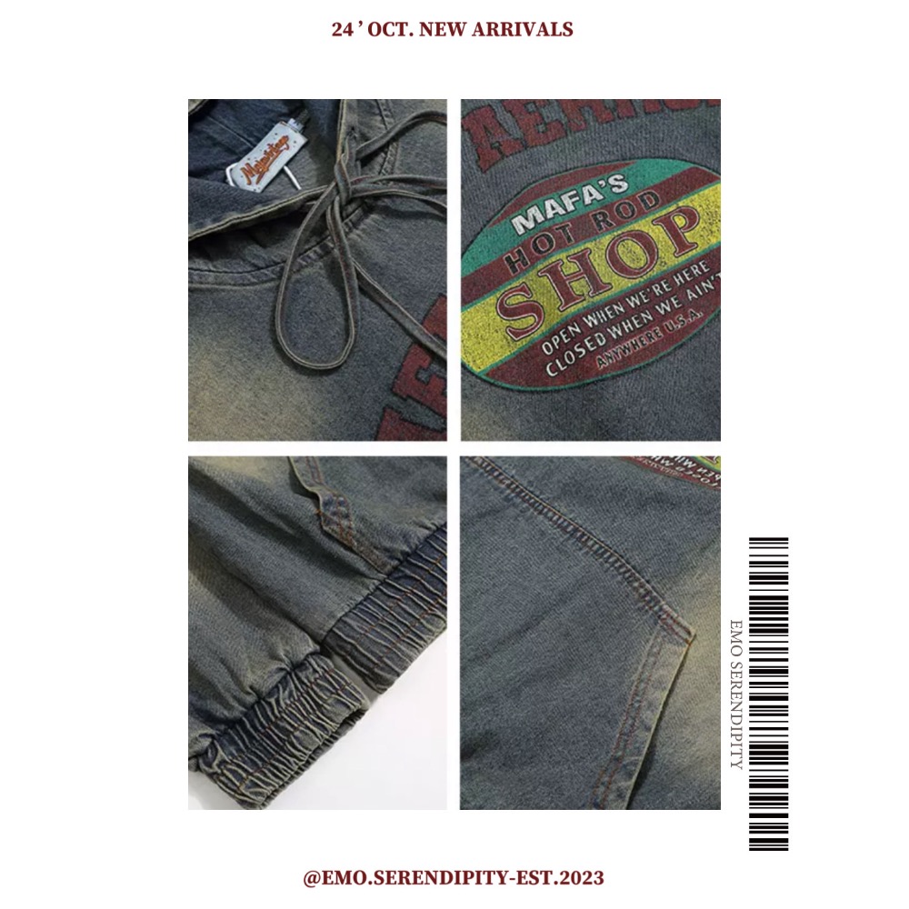 ☺︎ EMO41005-2ㅣ美式復古重磅水洗牛仔帽T-細節圖8