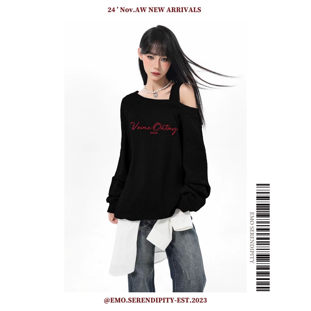 ☺︎ EMO41102-5ㅣ秋冬女裝一字領斜肩衛衣-規格圖1