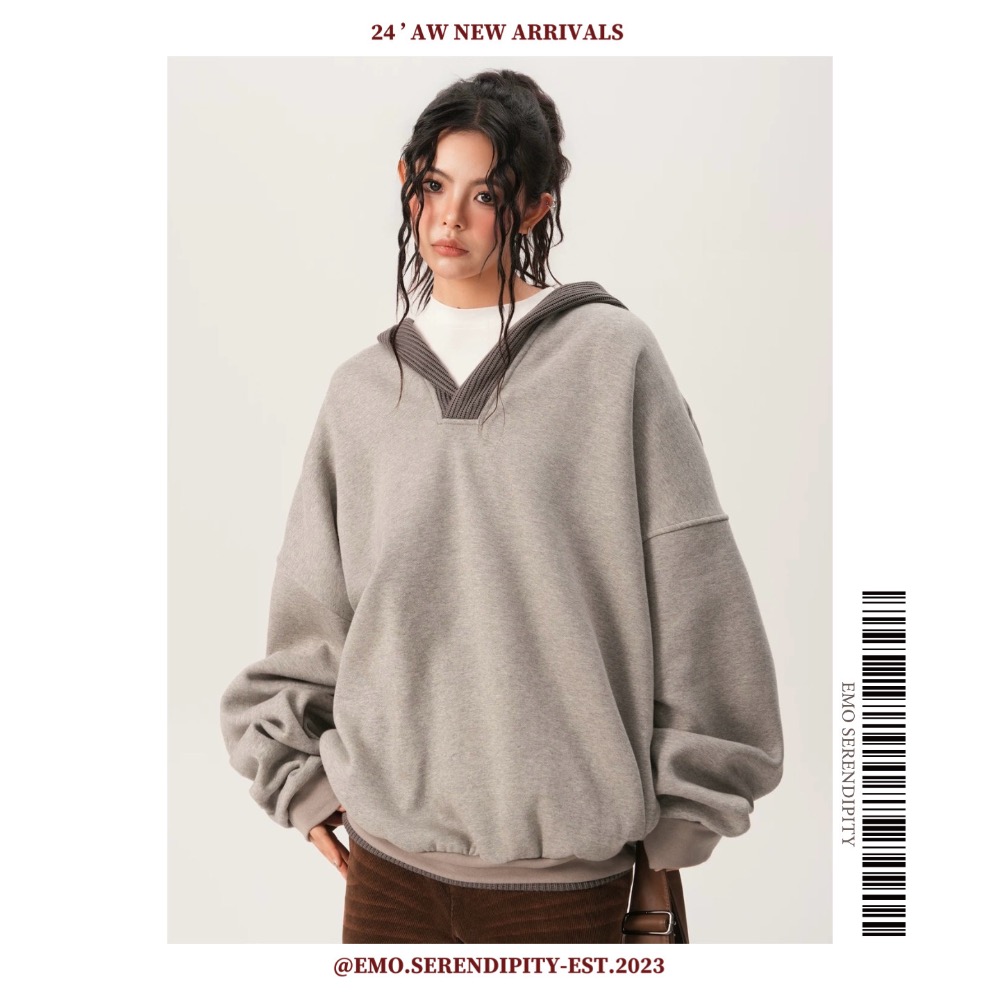 ☺︎ EMO41206ㅣ針織拼接V領連帽棉衛衣帽踢-細節圖2