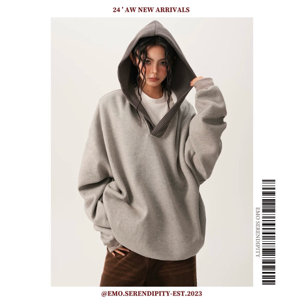 ☺︎ EMO41206ㅣ針織拼接V領連帽棉衛衣帽踢-細節圖3