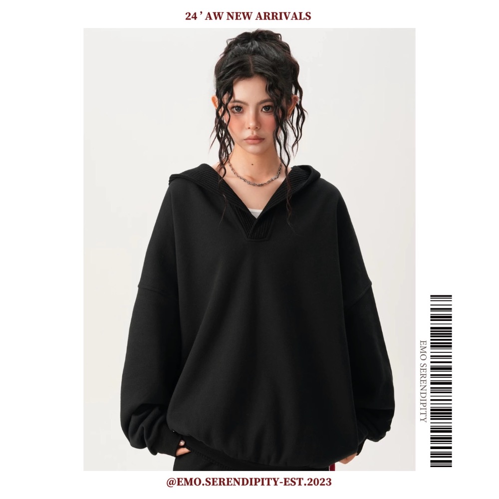 ☺︎ EMO41206ㅣ針織拼接V領連帽棉衛衣帽踢-細節圖4