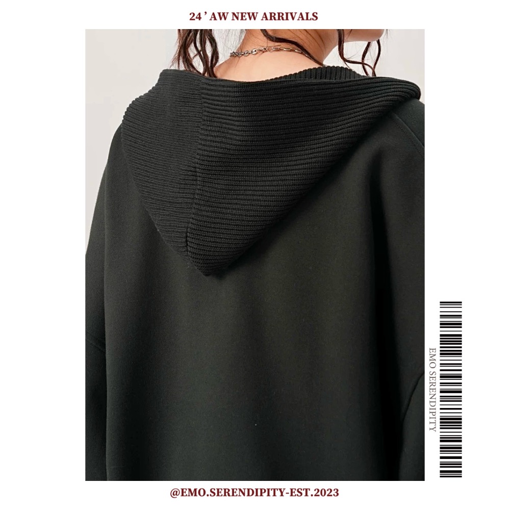 ☺︎ EMO41206ㅣ針織拼接V領連帽棉衛衣帽踢-細節圖5