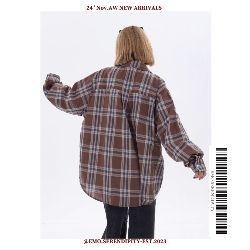 ☺︎ EMO41212ㅣ美式復古格紋廓形棉質襯衫-細節圖4