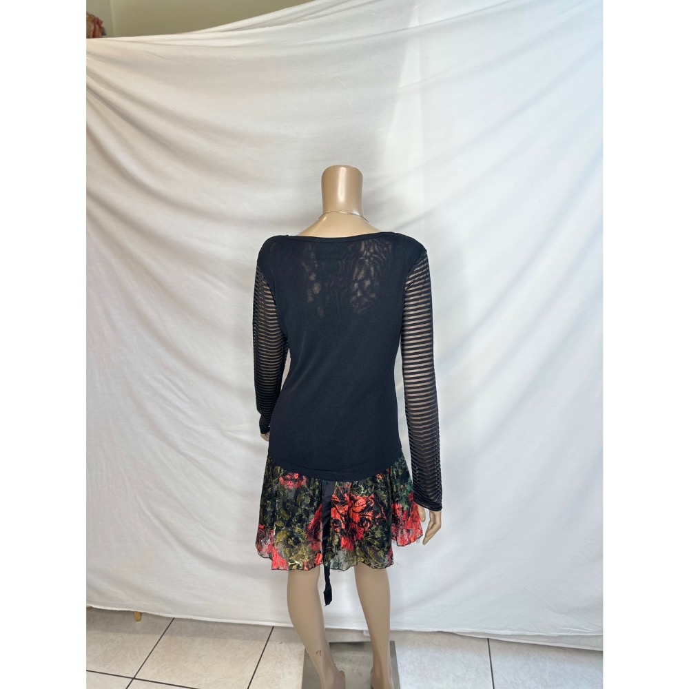 彈性修身袖子拼接透明條文身體素面絲襪上衣-細節圖2