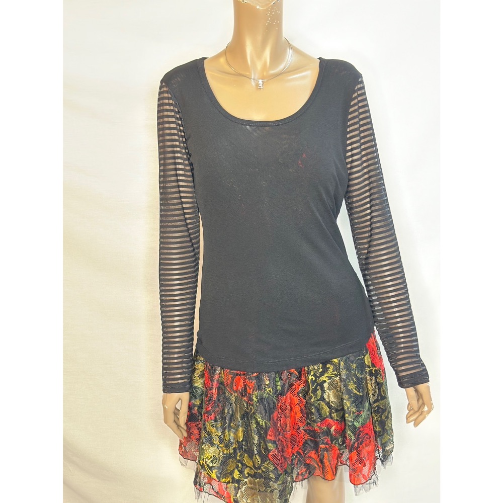 彈性修身袖子拼接透明條文身體素面絲襪上衣-細節圖3