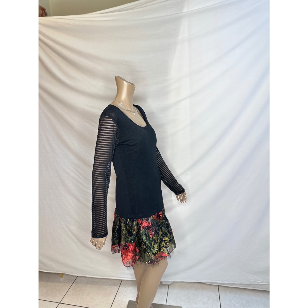 彈性修身袖子拼接透明條文身體素面絲襪上衣-細節圖4