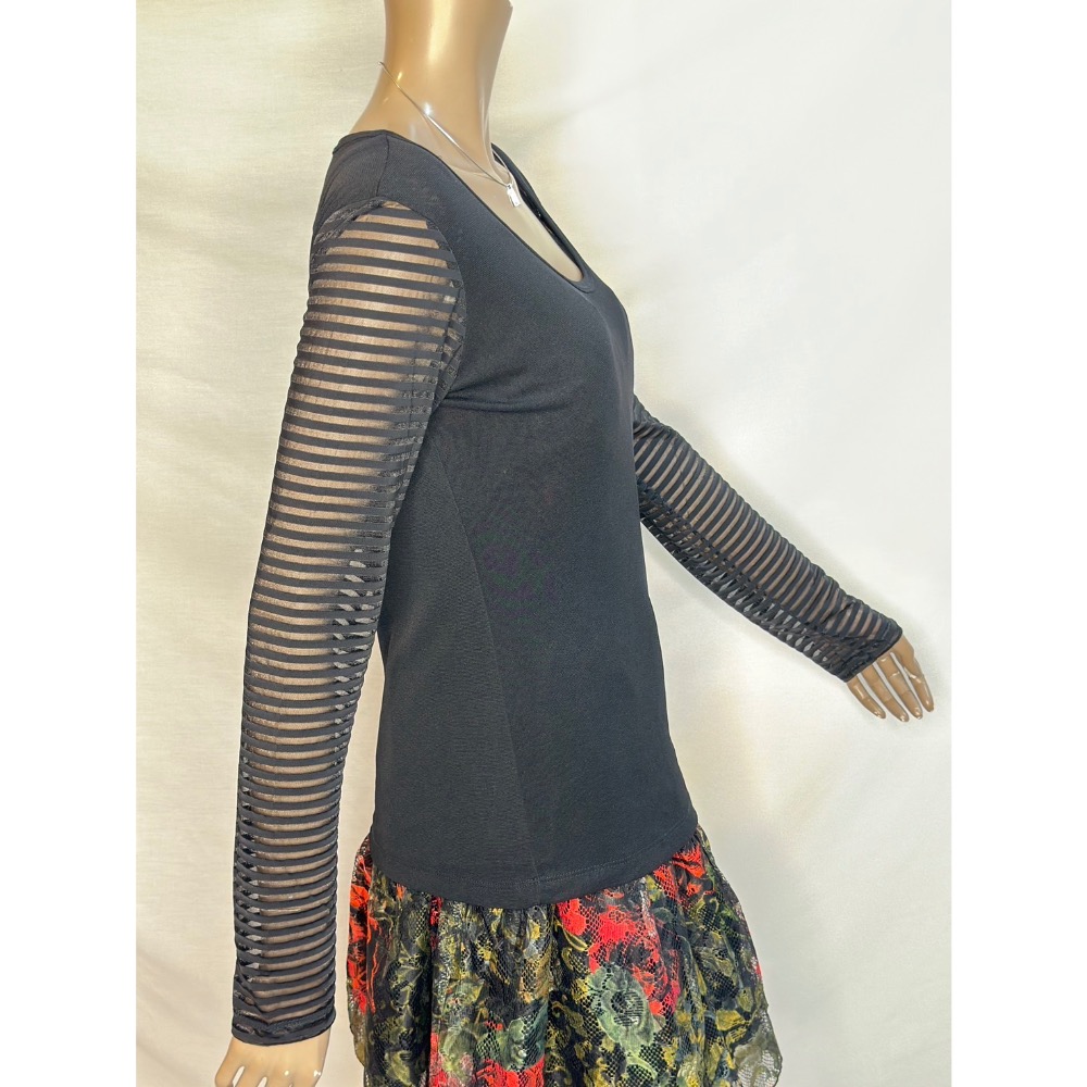 彈性修身袖子拼接透明條文身體素面絲襪上衣-細節圖7