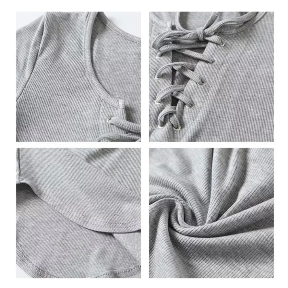 台灣現貨+預購♥秋冬女裝春秋新款性感顯瘦綁帶螺紋低胸U領長袖T恤上衣-細節圖2