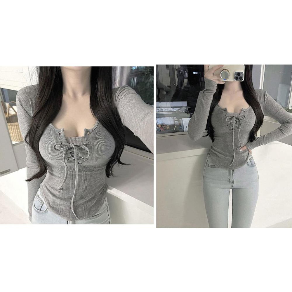 台灣現貨+預購♥秋冬女裝春秋新款性感顯瘦綁帶螺紋低胸U領長袖T恤上衣-細節圖4