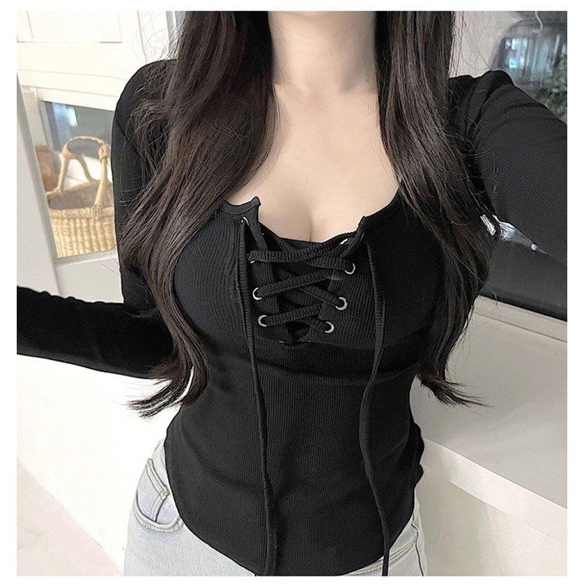 台灣現貨+預購♥秋冬女裝春秋新款性感顯瘦綁帶螺紋低胸U領長袖T恤上衣-細節圖8