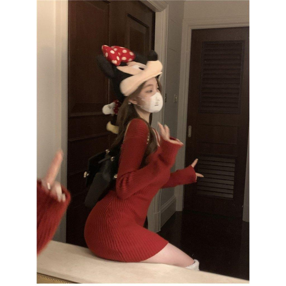 台灣現貨+預購♥純欲風一字肩針織包臀連身裙修身性感露露肩聖誕紅色毛衣裙女秋冬-細節圖4